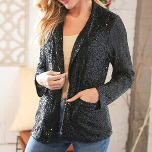 New- Black‎ Sequin Lapel Collar Pocketed Holiday Jacket - 3X